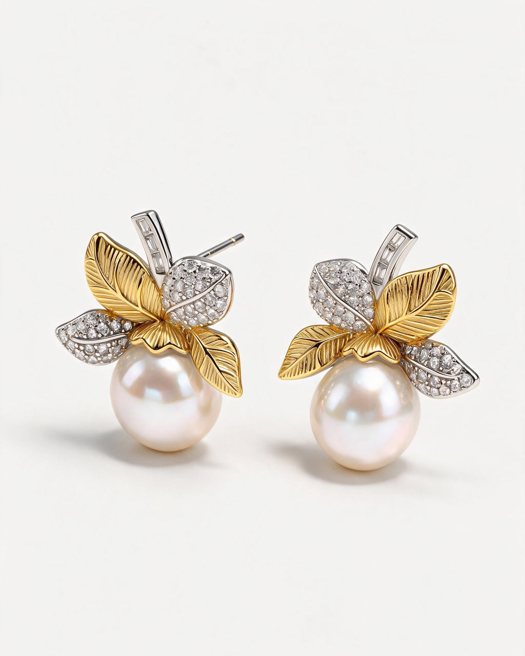 Violette Two-Tone Freshwater Pearl Leaf Stud Earrings