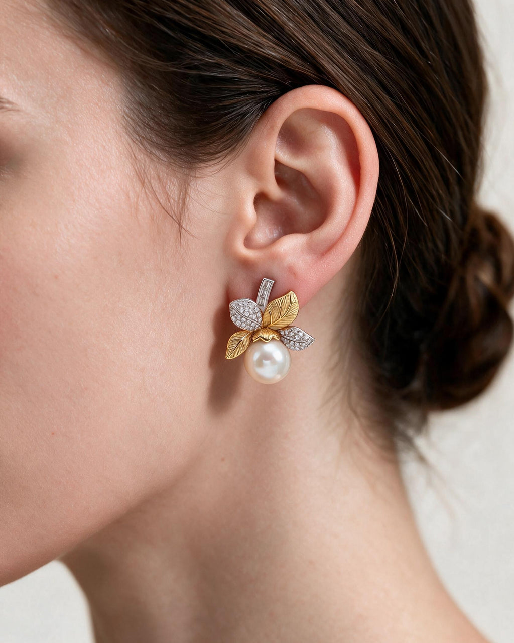 Violette Two-Tone Freshwater Pearl Leaf Stud Earrings