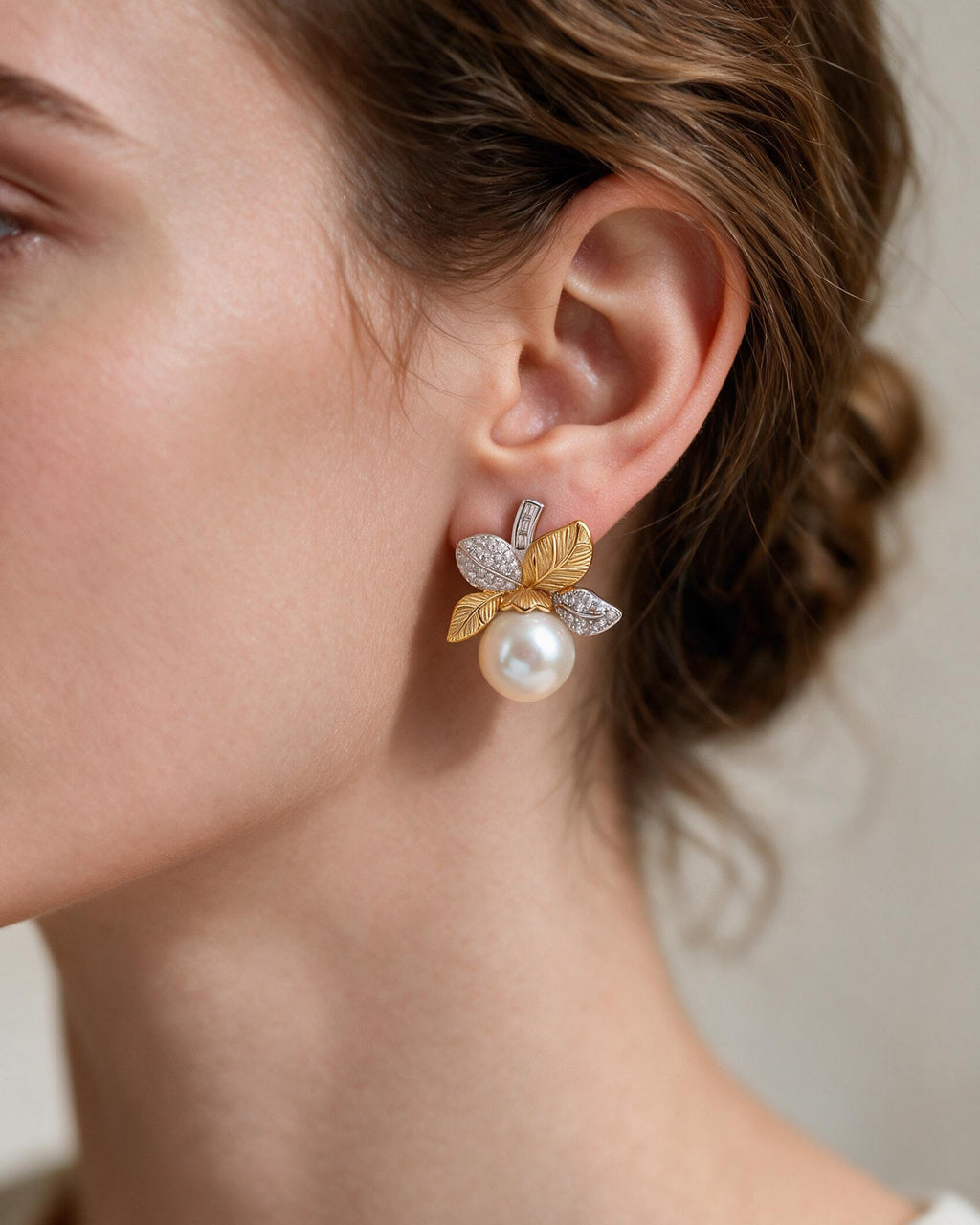 Violette Two-Tone Freshwater Pearl Leaf Stud Earrings